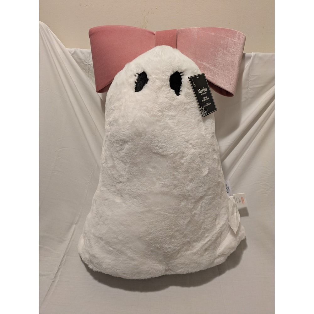 Summerween Martha Stewart‎ Faux Fur Ghost Pillow with Pink Bow Decor Brand New